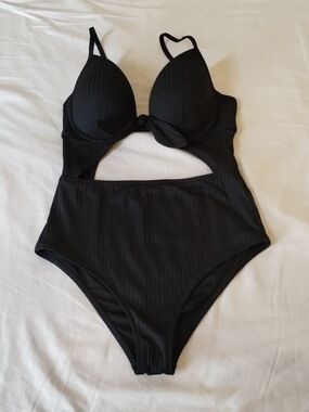 Black Ribbed Cutout One-Piece Swimsuit